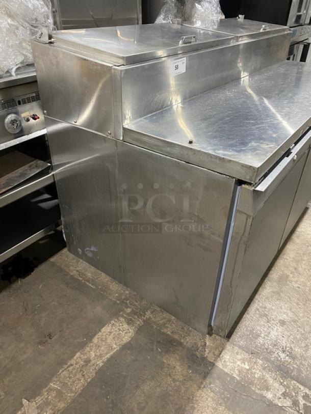 Continental CPT67-SS 2 Door Refrigerated Pizza Prep Table, stainless steel, poly-coated wire racks, backsplash, on casters.