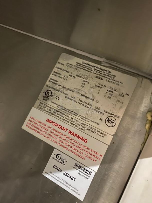 Continental CPT67SS refrigerated pizza prep table label, 115V, NSF-certified, serial number 14454270, cleaning warning.