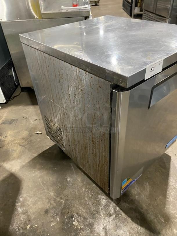 Turbo Air M3 Series single door undercounter worktop freezer, model MUF-28, stainless steel, on casters, visible wear.