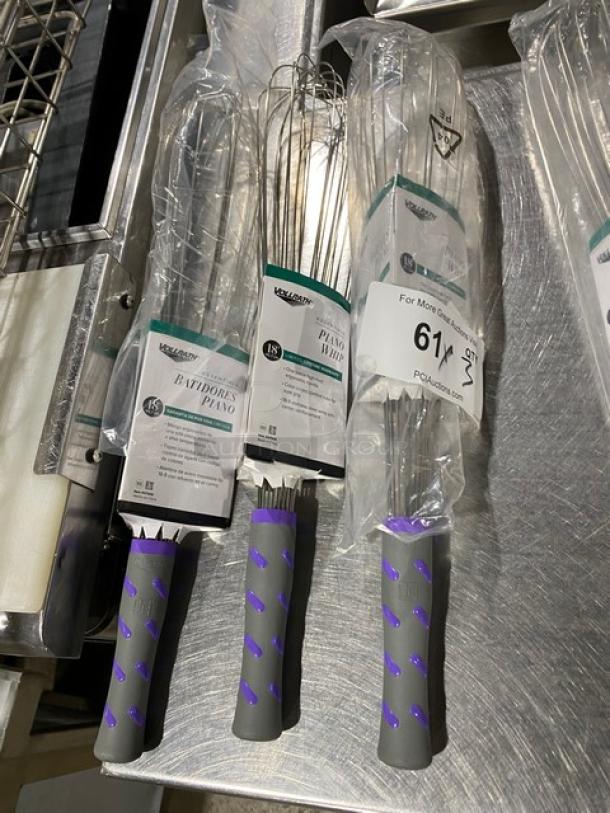 Brand new Vollrath Jacob's Pride Series 18" piano whisk, stainless steel, nylon grip handle, model 47006, in package.
