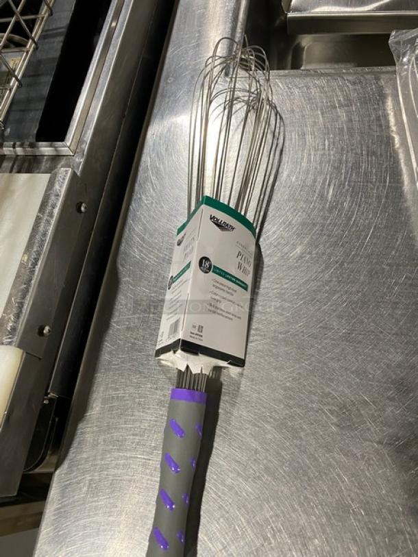 Brand new Vollrath Jacob's Pride 18" piano whisk, Model 47006, stainless steel with a nylon grip handle and original tag.