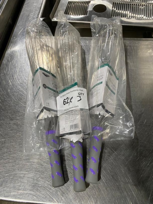 Brand new Vollrath Model 47006, 18" stainless steel piano whisks with nylon grip handles, packed in clear bags.