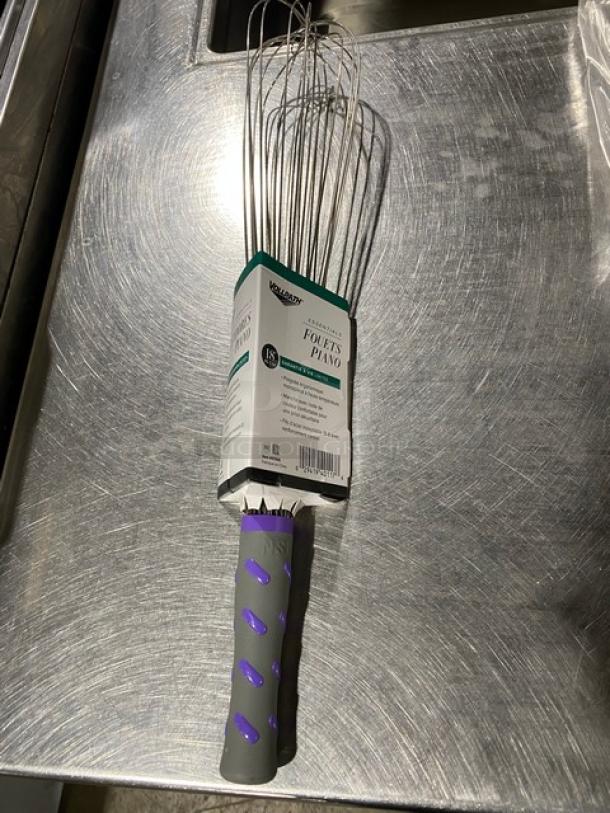 Vollrath 18" stainless steel piano whisk, model 47006, with nylon grip handle. Brand new with labeled packaging.