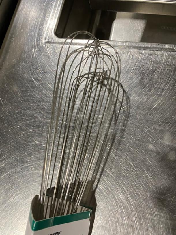 Brand new Vollrath Jacob's Pride 18" stainless steel piano whisk, model 47006, with nylon grip handle.