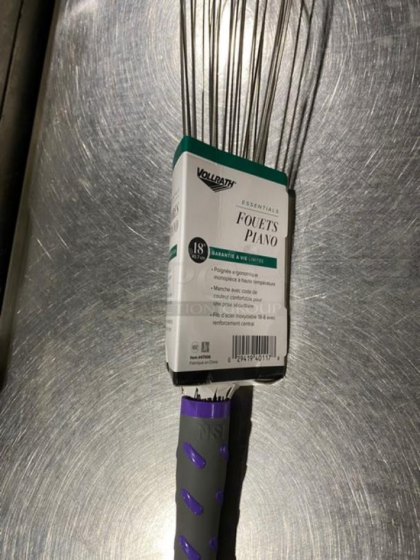 Brand new Vollrath Jacob's Pride Series 18" stainless steel piano whip, model 47006, with nylon grip handle.