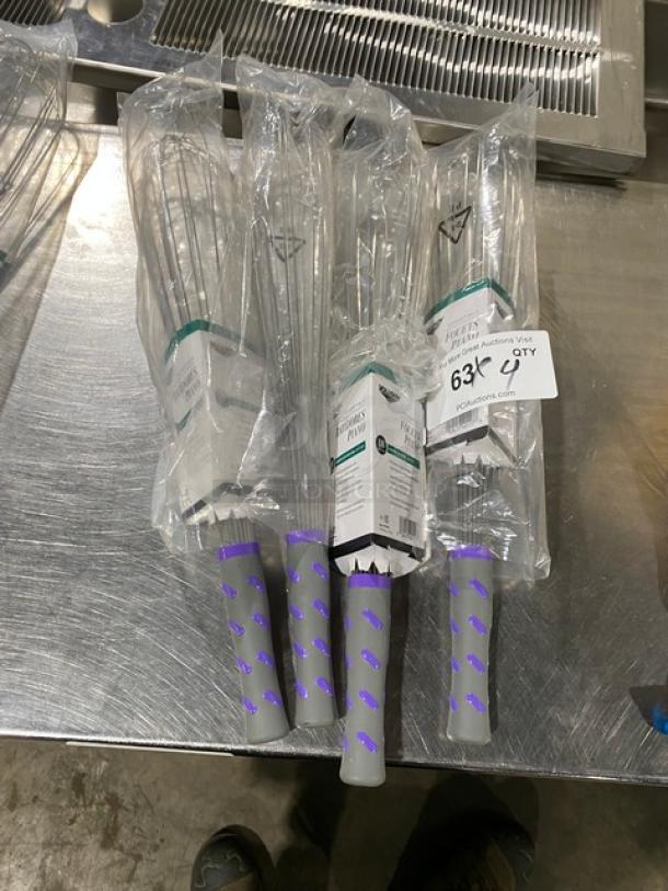 Brand new Vollrath Jacob's Pride Series 18" stainless steel piano whisks, model 47006, with nylon grip handle, in packaging.