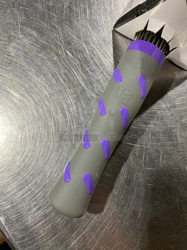 Brand new Vollrath Jacob's Pride Series 18" stainless steel piano whip with purple nylon grip; Model 47006, mint condition.