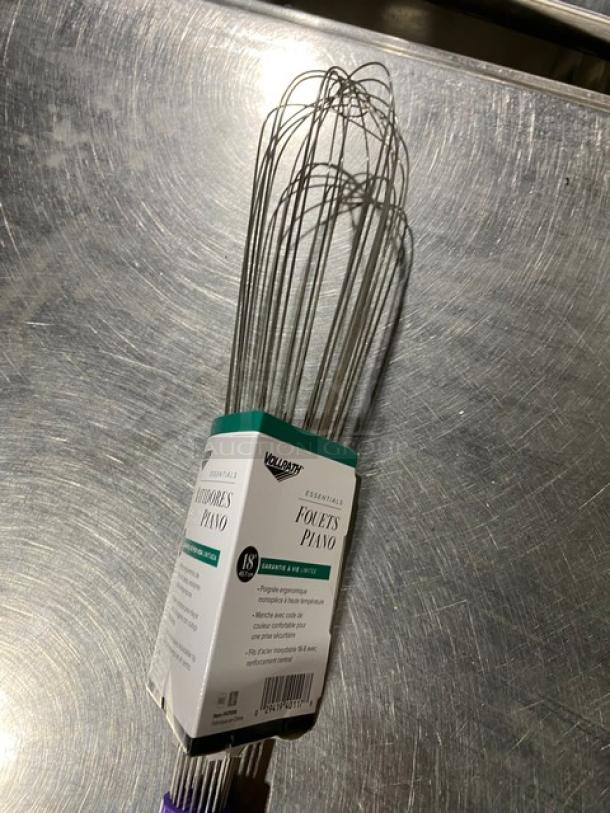 Brand new Vollrath 18" stainless steel whisk, model 47006, with nylon grip handle. Jacob's Pride Series packaging visible.