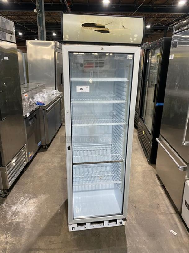 SLK Cooling commercial white single glass door merchandiser refrigerator, Model 374 Canopy, with poly coated racks, 115V.