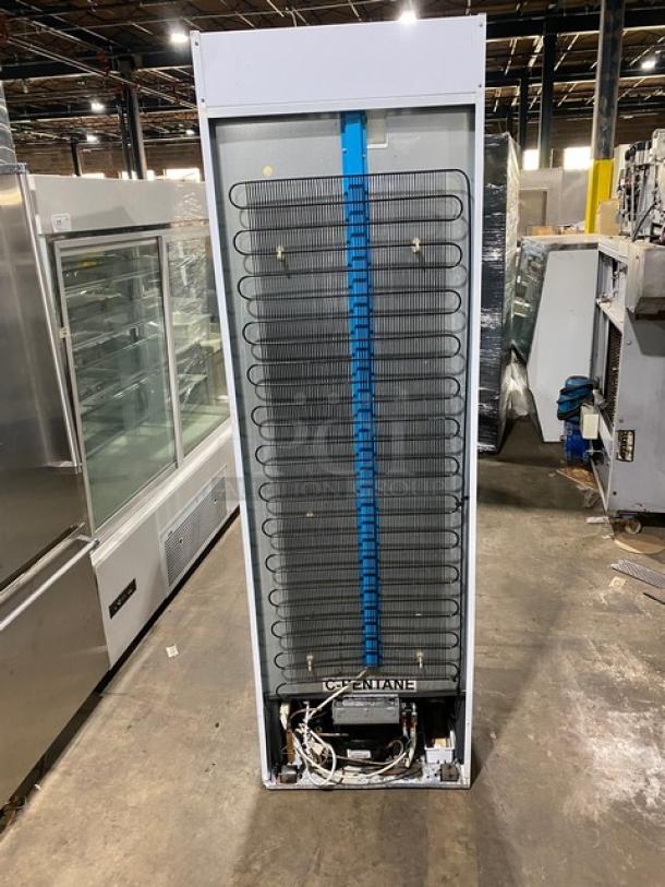 SLK Cooling commercial white merchandiser refrigerator, model 374 Canopy, single glass door, poly coated rack, 115V.