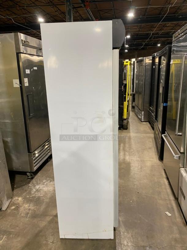 SLK Cooling Model 374 Canopy commercial white single glass door refrigerator, poly-coated wired rack, 115V, used condition.