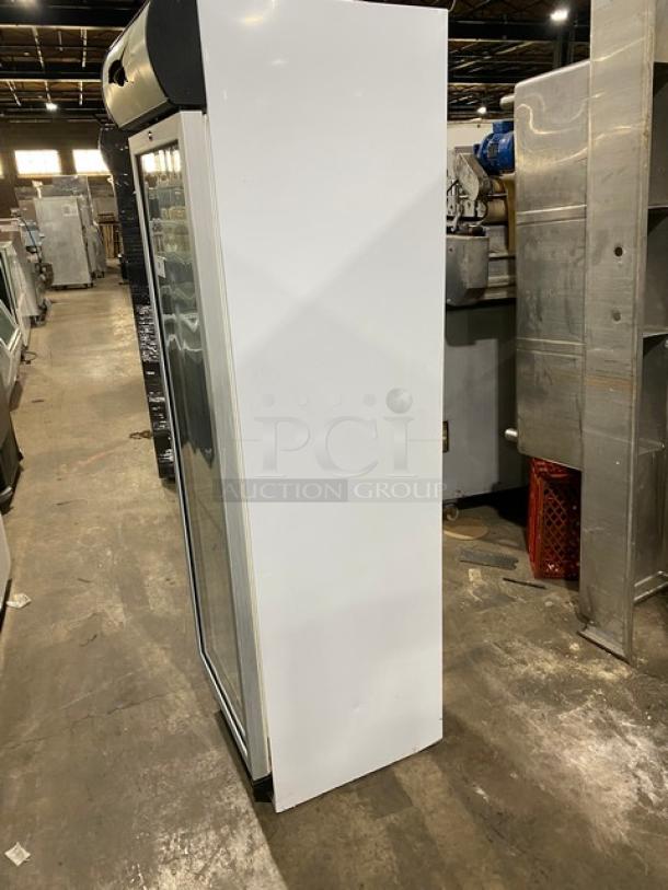 SLK Cooling white single glass door merchandiser refrigerator, model 374 Canopy, with poly coated wired rack.