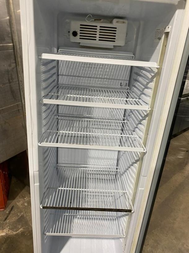 SLK Cooling Model 374 Canopy commercial refrigerator, white, single glass door, poly coated wired rack, in good condition.
