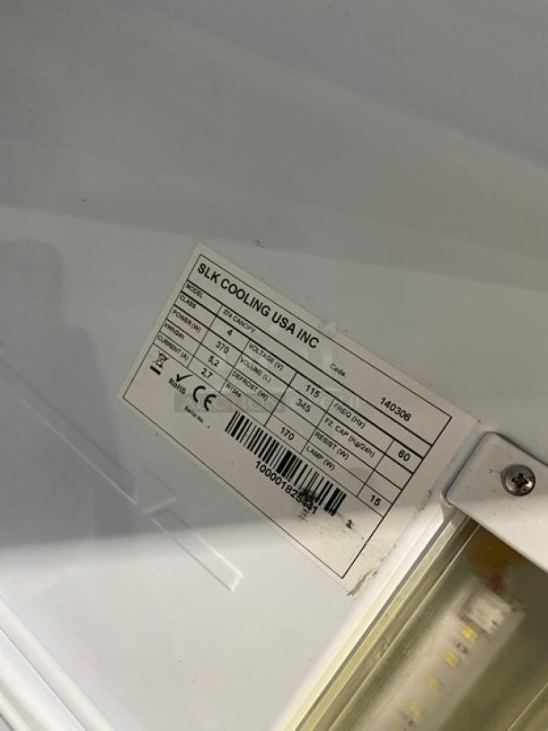 SLK Cooling Commercial White Single Glass Door Merchandiser Refrigerator, Model 374 Canopy, with poly coated wire rack, 115V.