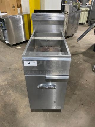 Imperial stainless steel natural gas deep fryer with back splash, basket hanger, and casters. Excellent condition.