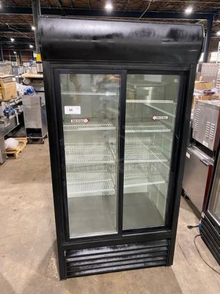 True Commercial Black Double Glass Sliding Door Reach-In Merchandiser Refrigerator! With Poly Coated Wire Racks! Model: GDM-33 SN: 1-3340720! 115V 1 Phase! - Item #1206392