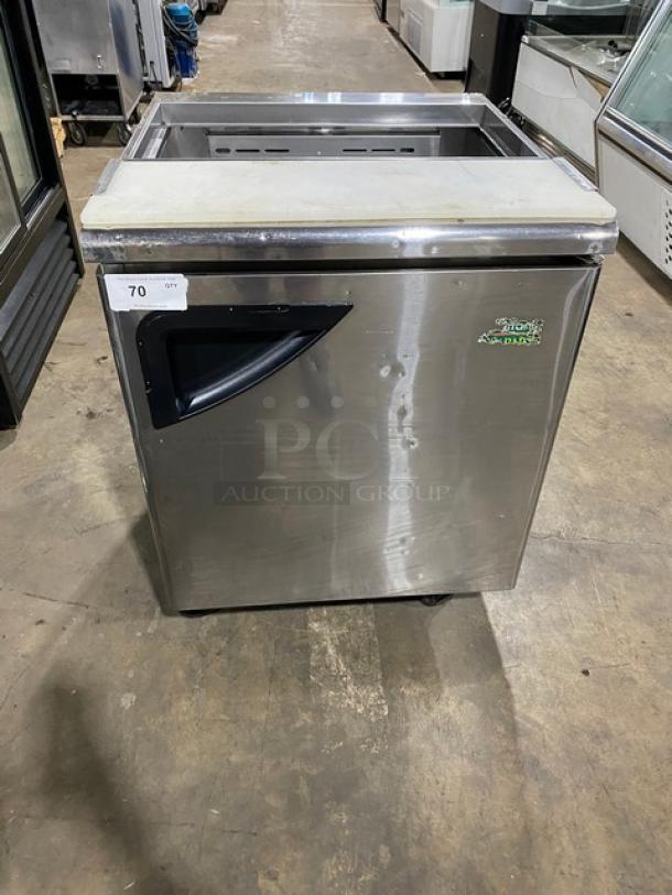 Turbo Air TST-28SD stainless steel refrigerated prep table on casters with cutting board, labeled 70, 115V.