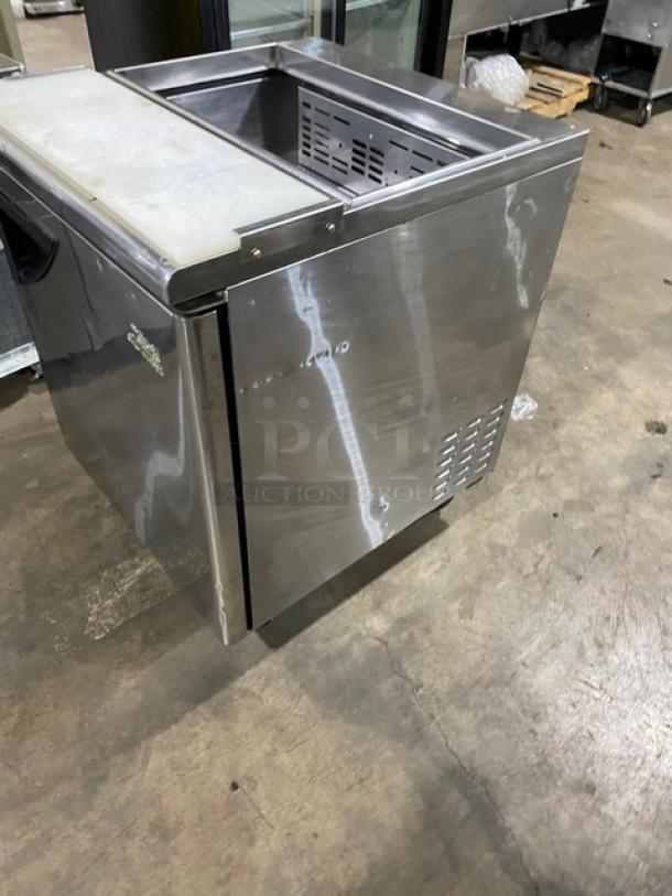 Turbo Air TST-28SD stainless steel single door refrigerated prep table with cutting board, on casters; 115V.
