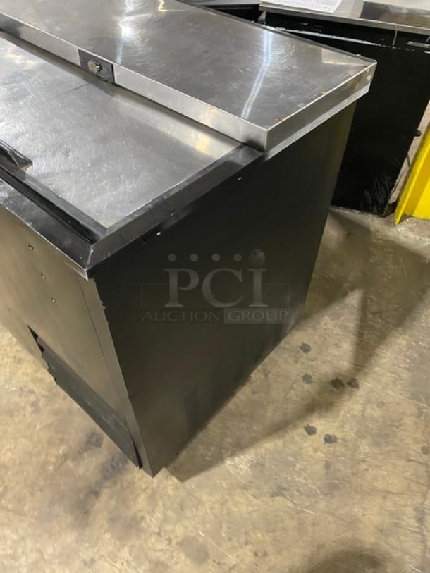 Maxx Cold X-Series bottle cooler, model MXCR65B. Black powder-coated finish, stainless steel top, double sliding lids, 115V 1 phase.