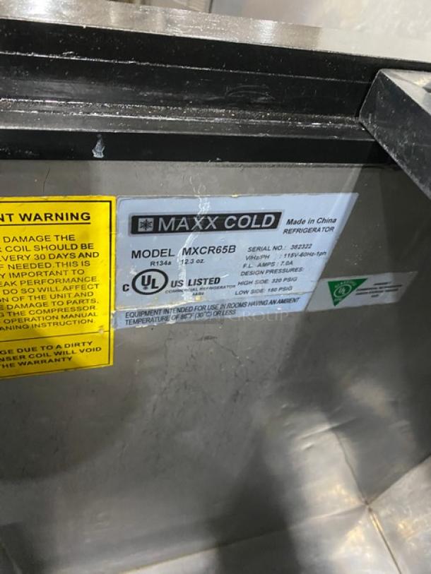 Maxx Cold X-Series commercial bottle cooler label, Model MXCR65B, 115V, with warnings and specifications, UL listed.