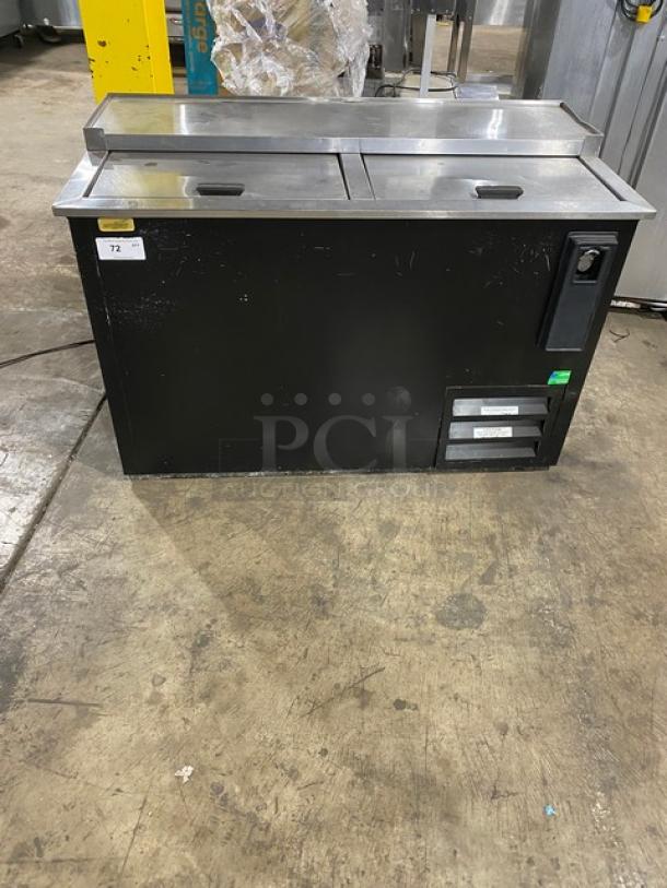 Fogel Commercial Double Section Back Bar Bottle Cooler, black powder-coated, stainless steel top, sliding lids, Model BC50DBST.