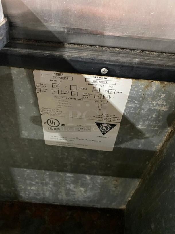 Fogel Model BC50DBST commercial bottle cooler label. UL listed, serial number 2003100019, 115V 1 Phase.