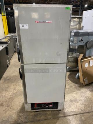 Metro Flavor Hold Series insulated mobile heated cabinet, model C199H1N, half door, on casters, wide pan slides, 120V.