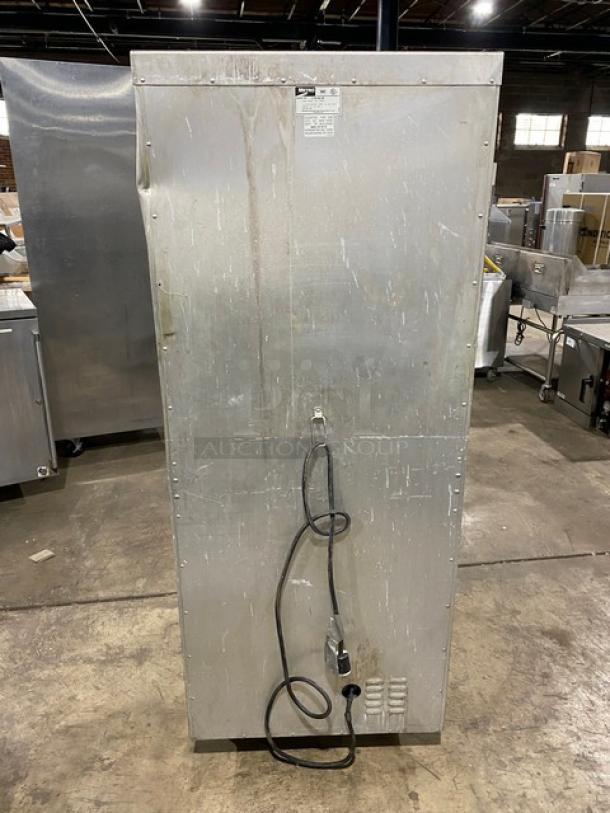 Metro Flavor Hold Series C199H1N heated holding cabinet, single section, insulated, on casters, visible power cord.