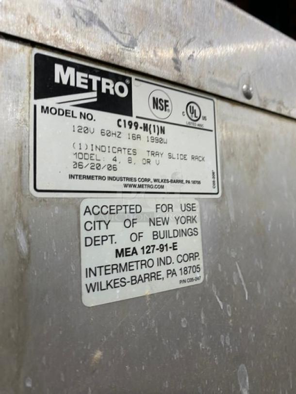 Metro C199H1N Commercial Heated Cabinet label, 120V, with certifications.