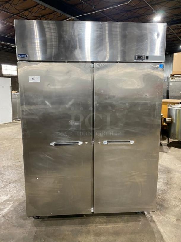 Nova NR522SSS stainless steel 2-door reach-in refrigerator on casters. Energy Star certified with poly-coated racks. 115V 1 Phase.