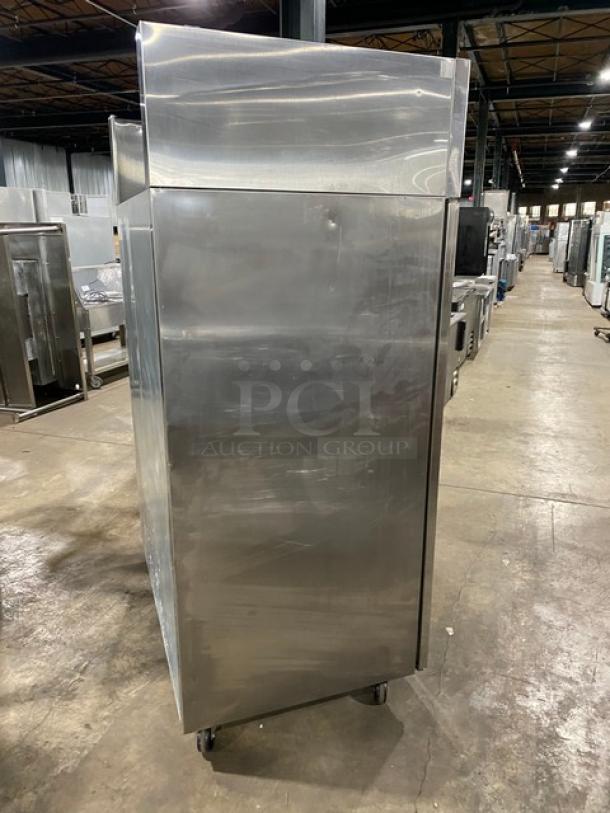 Nova stainless steel 2-door reach-in refrigerator, Model NR522SSS, on casters, with poly-coated racks, Energy Star certified.