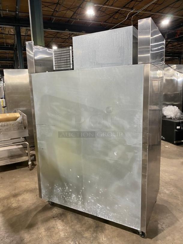 Nova Commercial Stainless Steel 2 Door Refrigerator, Model NR522SSS, on casters. Features poly-coated wired racks, Energy Star certified.