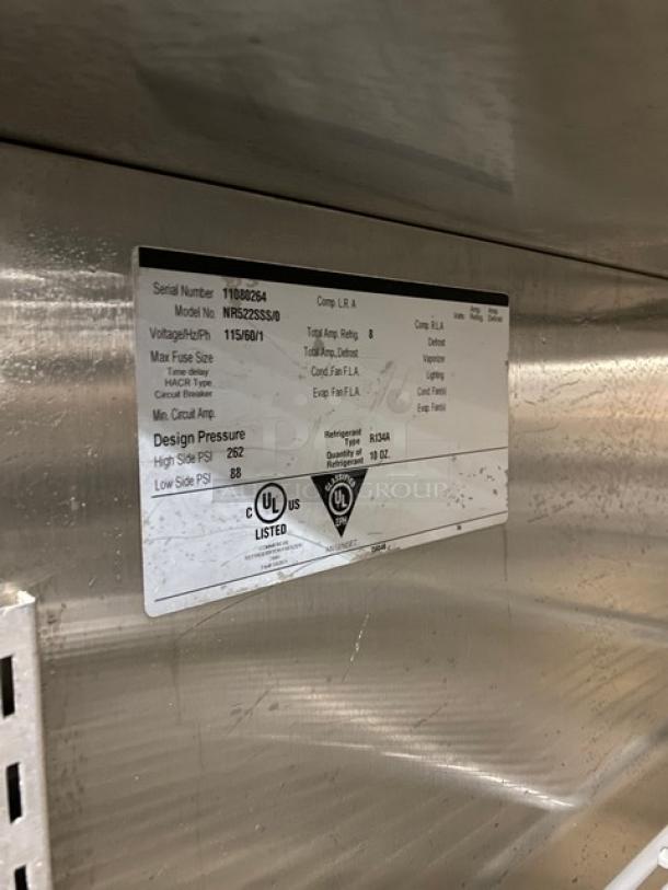 Nova NR522SSS stainless steel 2-door commercial refrigerator, Energy Star certified, poly-coated racks, SN: 11080264, on casters.