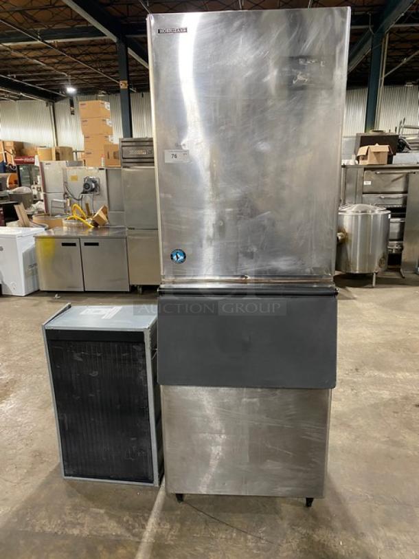 Hoshizaki KM-1340MWH stainless steel ice maker, water-cooled, electric, 208-230V, 1 phase, with top condensing unit, on legs.