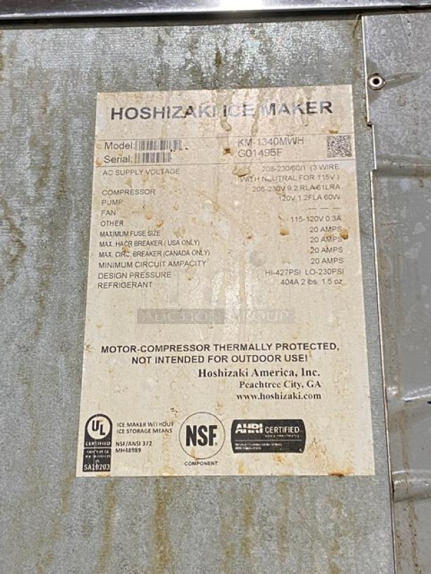 Hoshizaki KM-1340MWH ice maker, stainless steel, electric, water-cooled, includes top condensing unit, model and specs label.