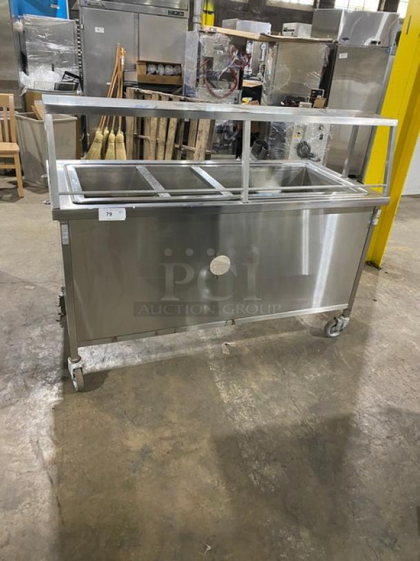 Atlas Metal Stainless Steel 4-Well Hot Food Table, Model WH-4, with sneeze guard, electric, 1 phase, on casters.