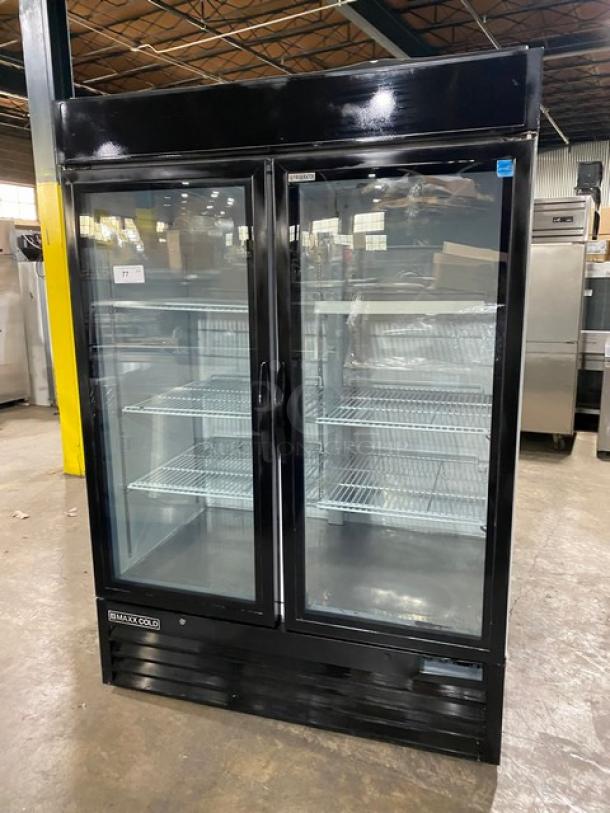 Maxx Cold 2018 double glass door merchandiser refrigerator, model MXM2-48R, Energy Star certified, with poly-coated racks.