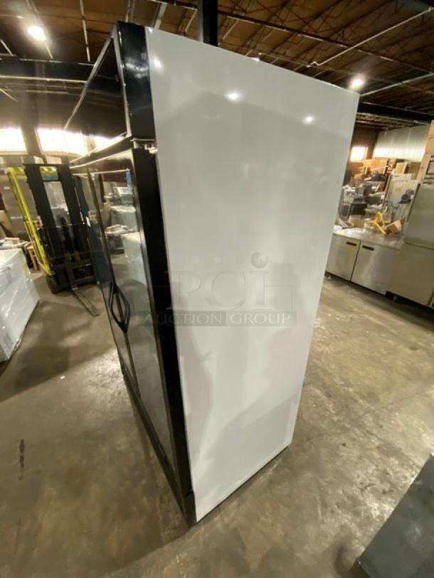 Maxx Cold commercial black double glass swing door refrigerator, model MXM2-48R, Energy Star certified, 2018, with poly-coated wired racks.