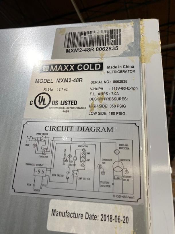 Maxx Cold MXM2-48R commercial refrigerator, late model 2018, black double glass doors, Energy Star certified, serial 8062835.