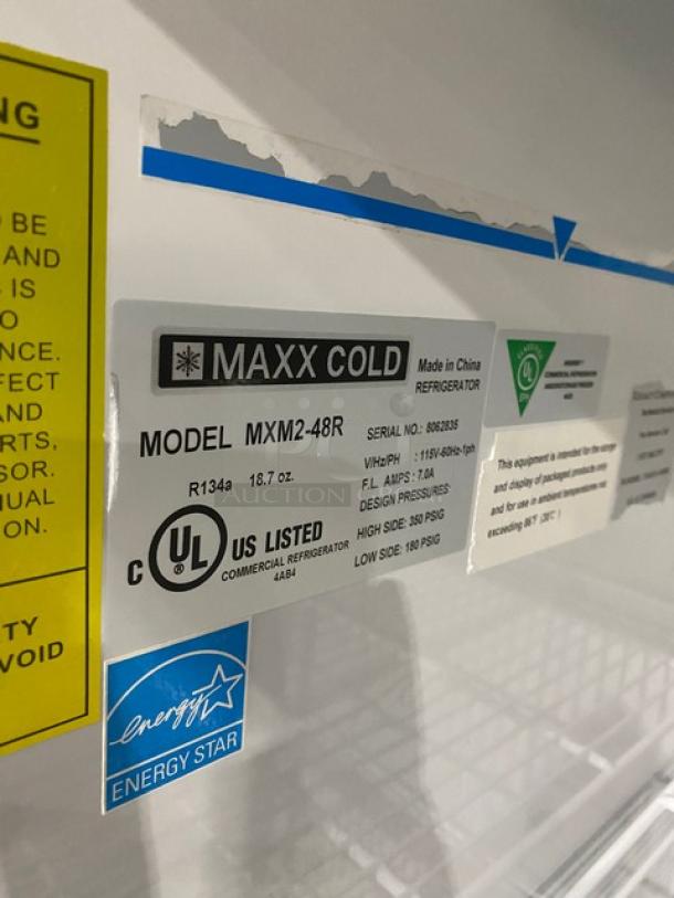 Maxx Cold MXM2-48R commercial refrigerator label, serial number 8062835, Energy Star certified, UL listed, made in China.
