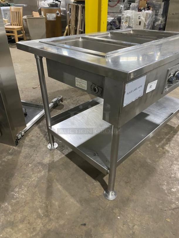 Wells commercial stainless steel 3-well hot food steamtable, model MOD300TDM, with single undershelf, on legs, 208/240V.
