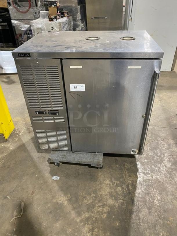 Perlick DZS36T1 stainless steel refrigerated dual-zone cabinet, single section, 115V 1 Phase. Model label on front.