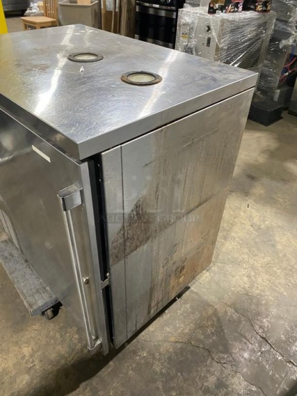 Perlick stainless steel dual-zone refrigerated back bar cabinet, model DZS36T1, visible wear, model and serial tags intact.