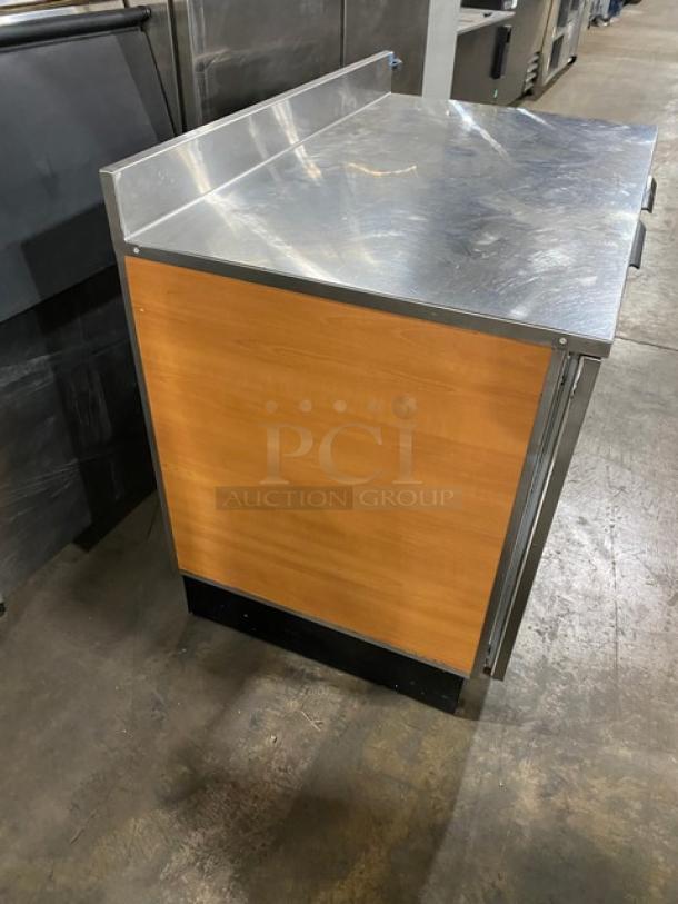 Duke Commercial Stainless Steel 2 Door Refrigerated Worktop Back Bar Cabinet, Model RUF48M, Energy Star Certified, with backsplash and poly coated wire racks.