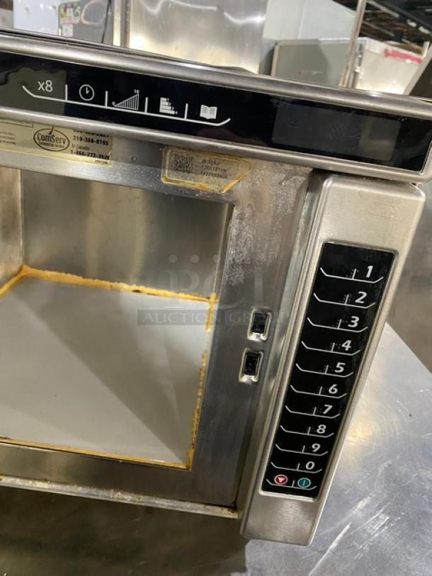 Amana RC30S2 commercial stainless steel microwave, programmable touchpad, electric powered, model SN: 1407102900, 208/230V.