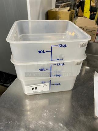 Cambro CamSquares 12 Qt. translucent polycarbonate food container, model 12SFSPP190, new condition, with volume markings.