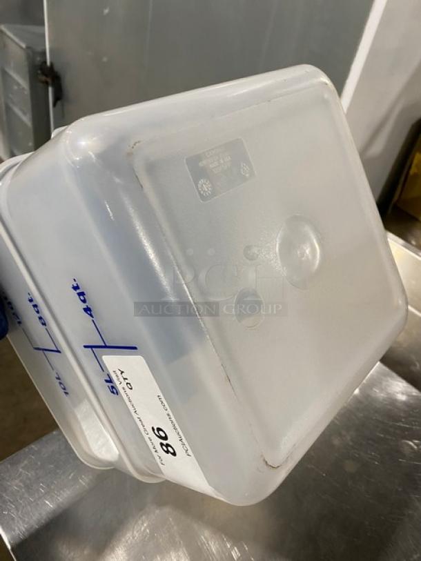 Cambro CamSquares 12 Qt. food storage container, model 12SFSPP190, translucent polycarbonate, new, with measurement markings.