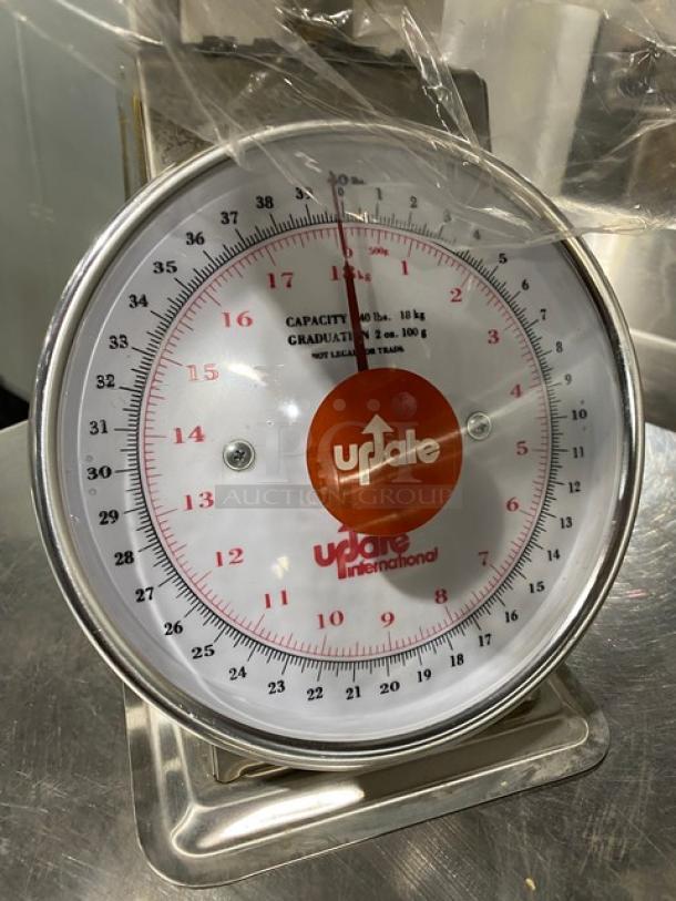 Brand new Update International UPS-840 countertop scale, 40 lb capacity, stainless steel, 8" analog dial, accurate gradation.