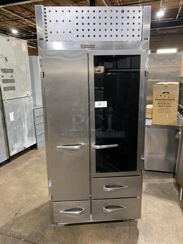 Traulsen stainless steel 2-door/3-drawer refrigerator/freezer combo, model URS36DT, with chrome wire racks, 115V 1-phase.