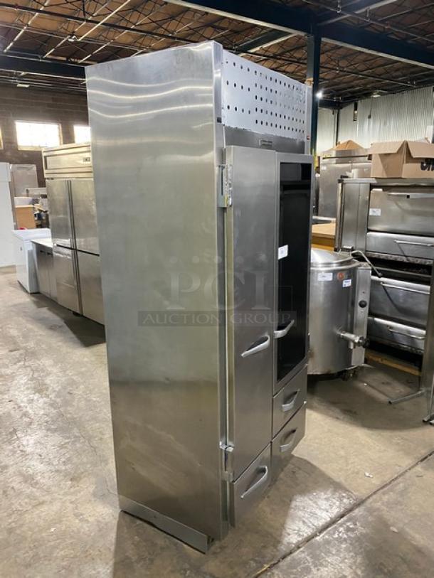 Traulsen stainless steel 2-door/3-drawer fridge/freezer combo, model URS36DT. Includes chrome wire racks.